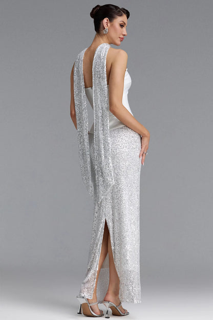 Strapless Basque Waist Sequin Gown with Choker - White & Silver