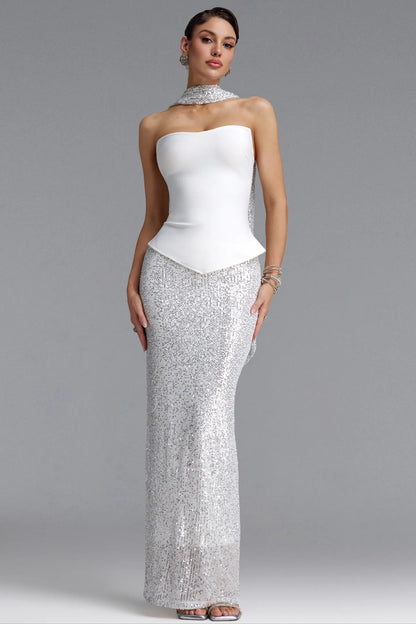 Strapless Basque Waist Sequin Gown with Choker - White & Silver