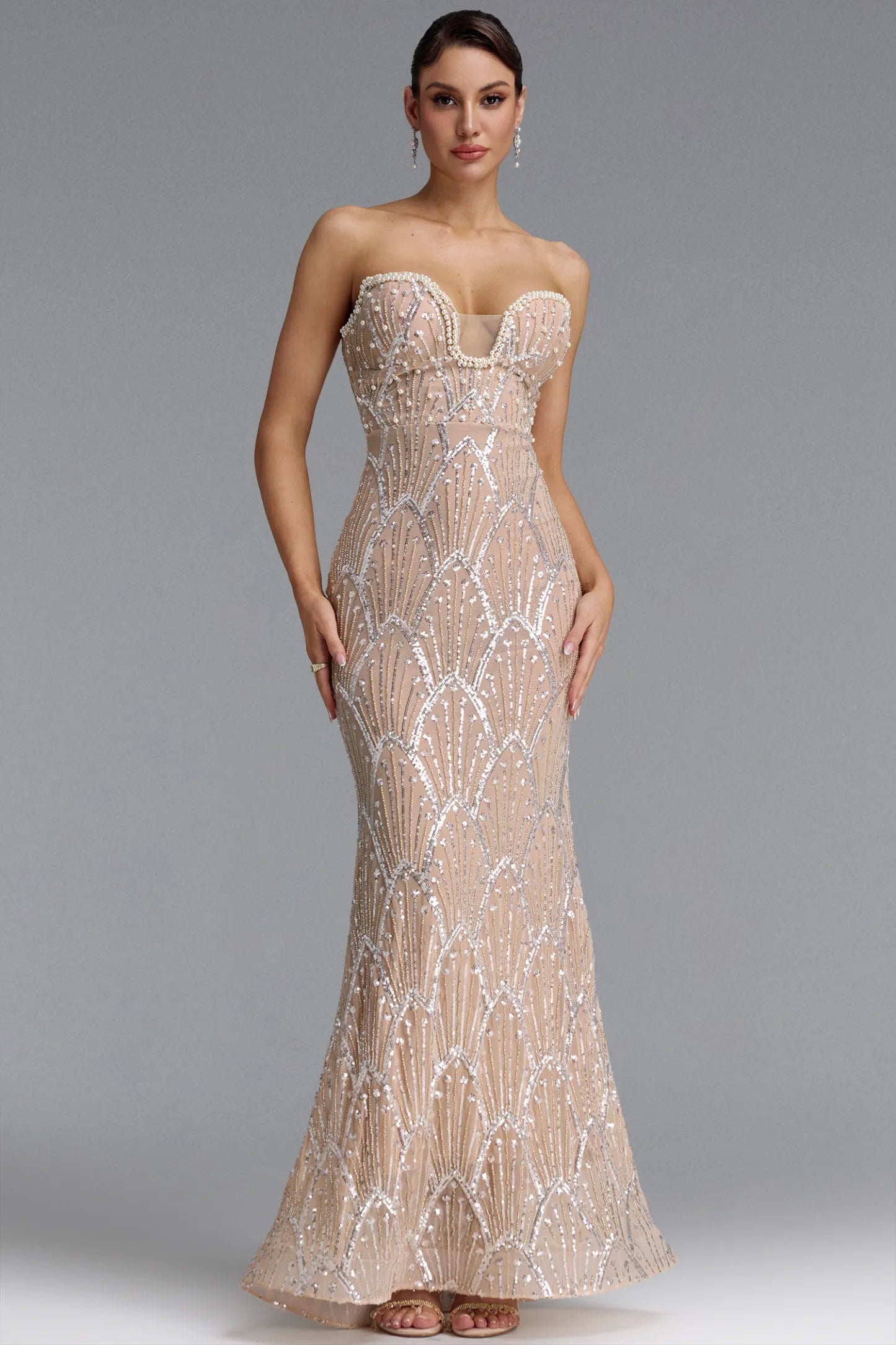 Art Deco Beaded Illusion Strapless Gown - Nude & Silver