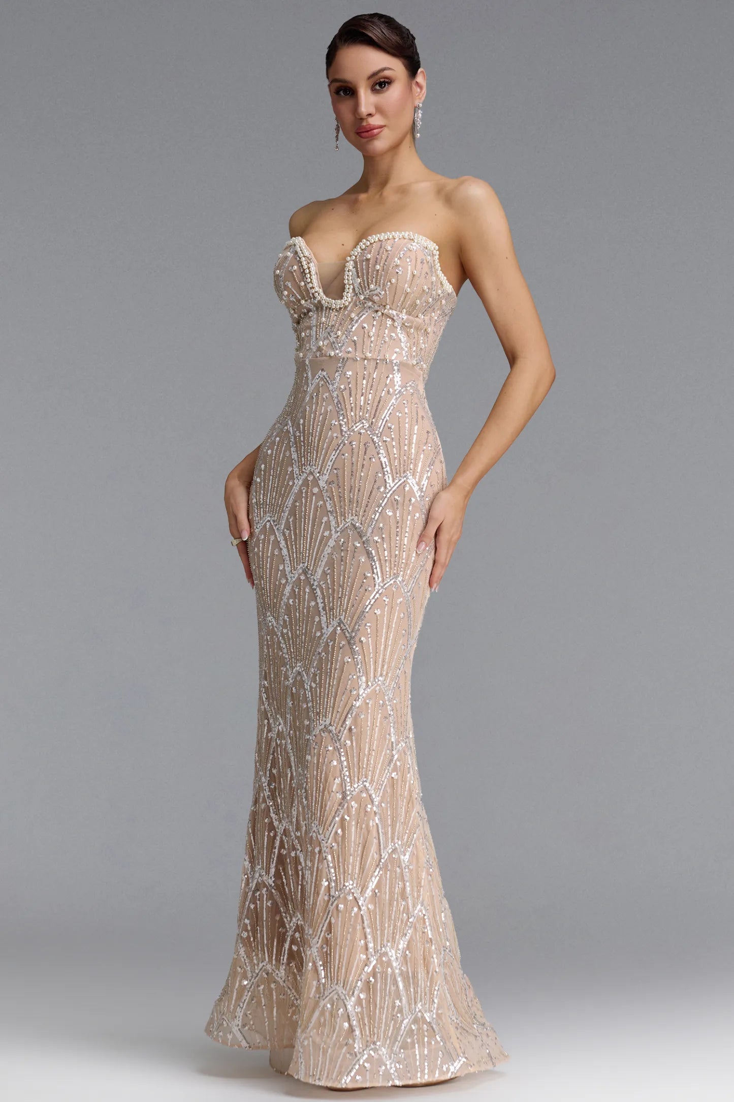 Art Deco Beaded Illusion Strapless Gown - Nude & Silver