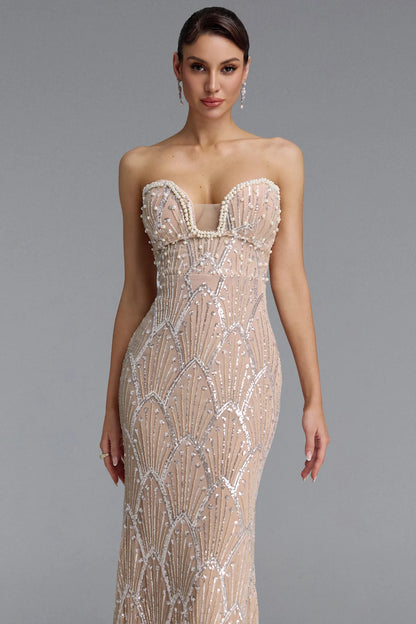Art Deco Beaded Illusion Strapless Gown - Nude & Silver