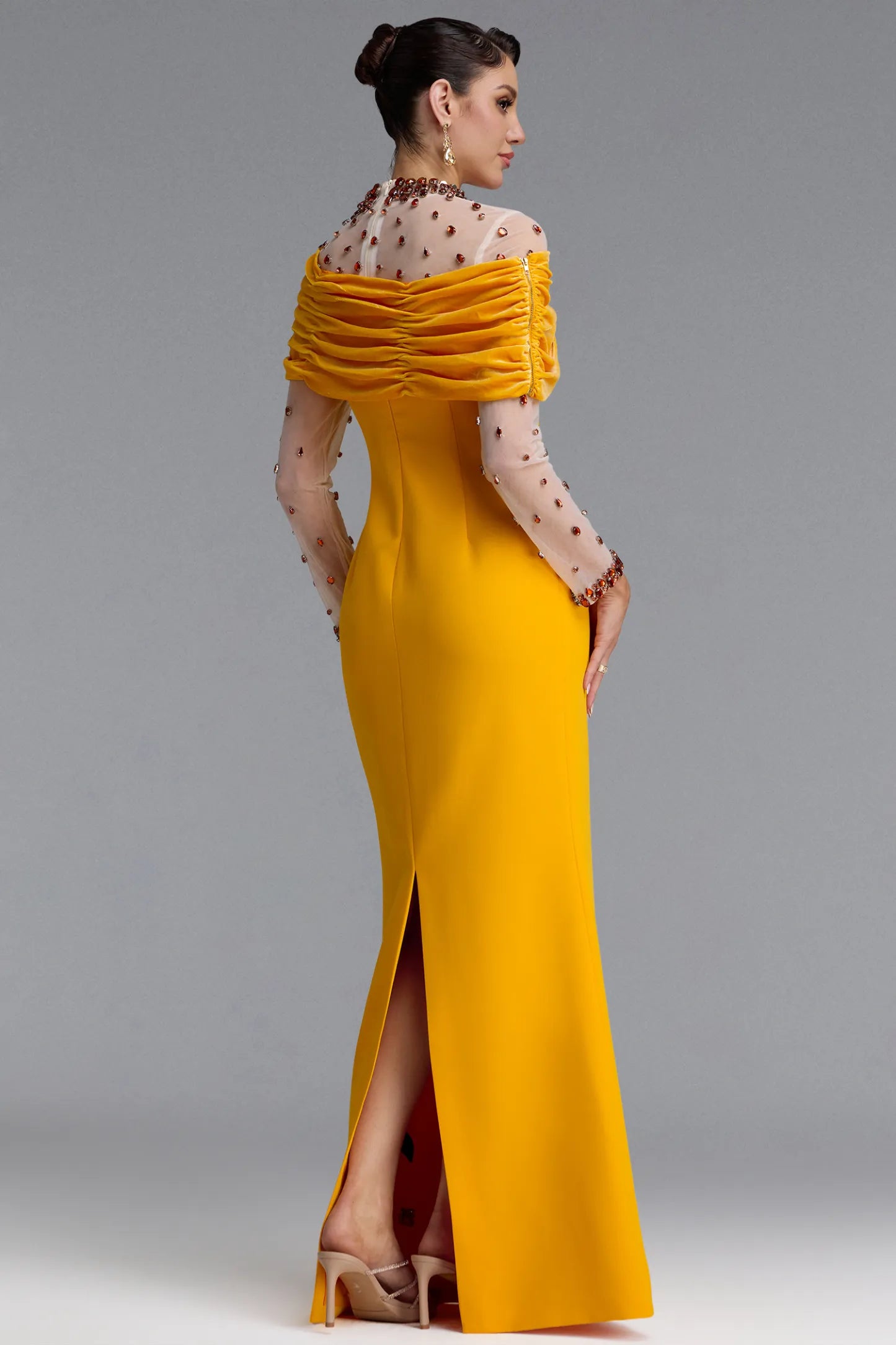 Crystal Illusion Draped Velvet Gown - Marigold Yellow