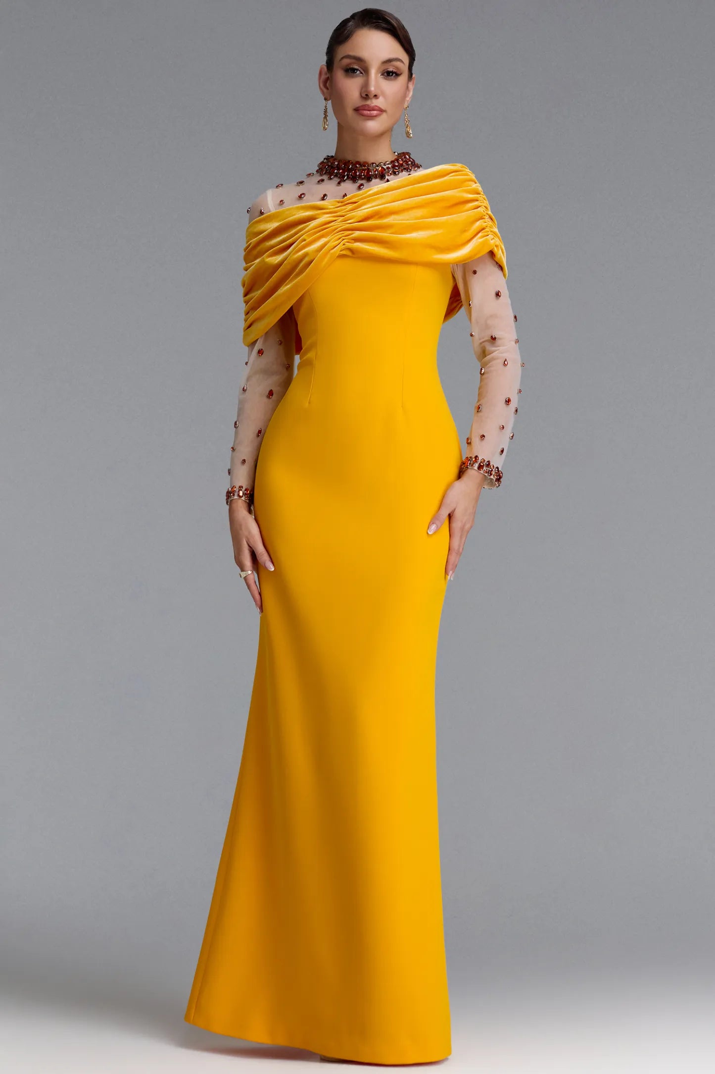 Crystal Illusion Draped Velvet Gown - Marigold Yellow