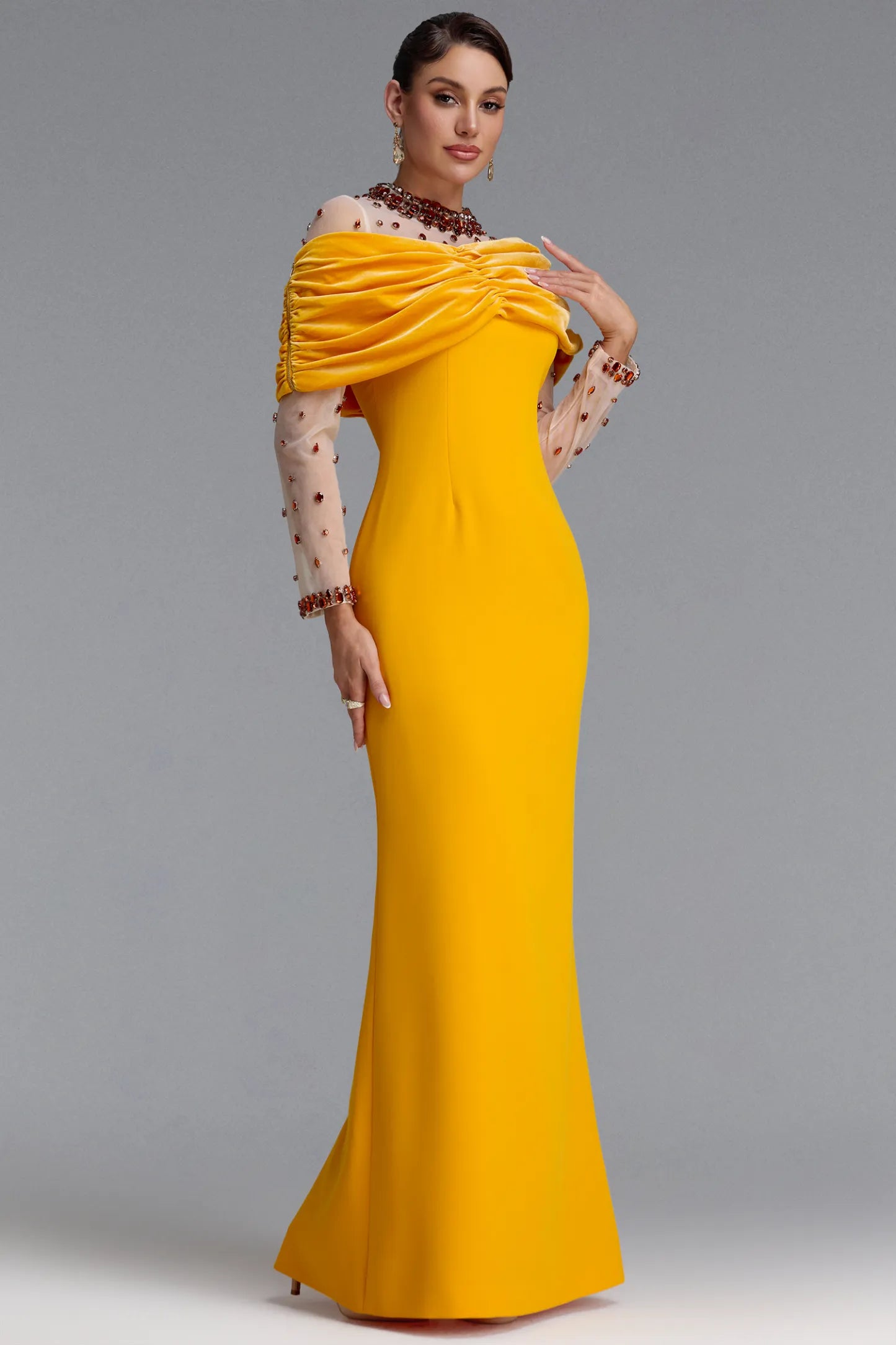 Crystal Illusion Draped Velvet Gown - Marigold Yellow