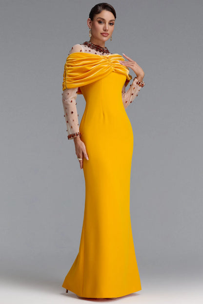 Crystal Illusion Draped Velvet Gown - Marigold Yellow