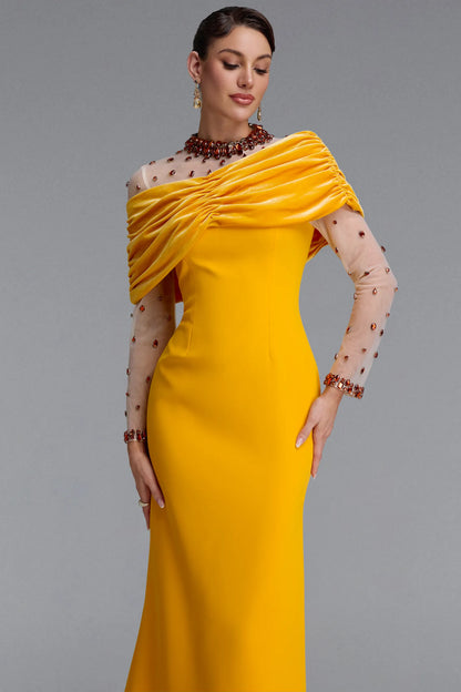 Crystal Illusion Draped Velvet Gown - Marigold Yellow