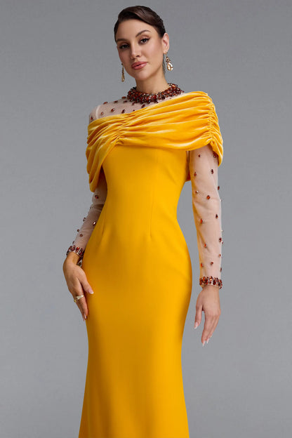 Crystal Illusion Draped Velvet Gown - Marigold Yellow