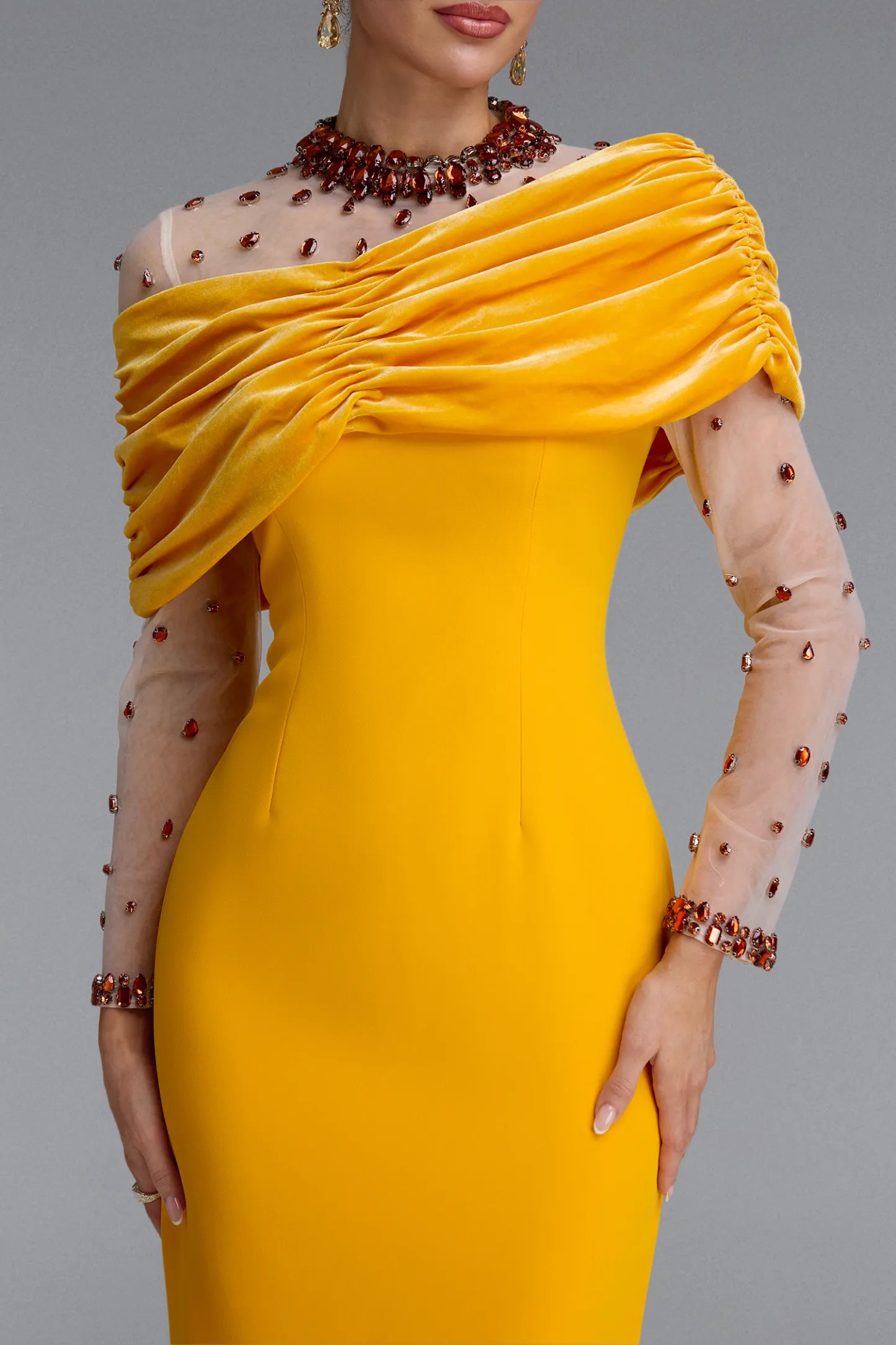 Crystal Illusion Draped Velvet Gown - Marigold Yellow