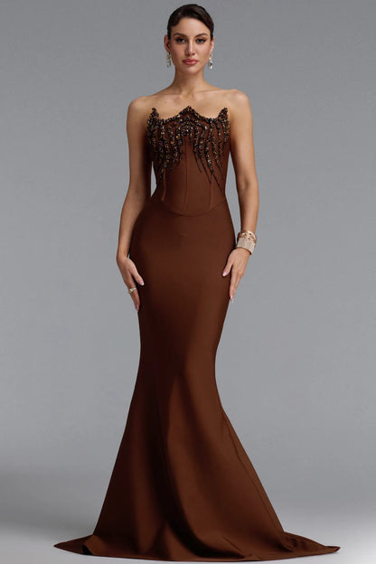Embellished Corset Mermaid Gown - Chocolate Brown