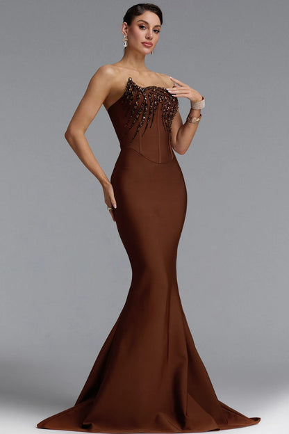 Embellished Corset Mermaid Gown - Chocolate Brown
