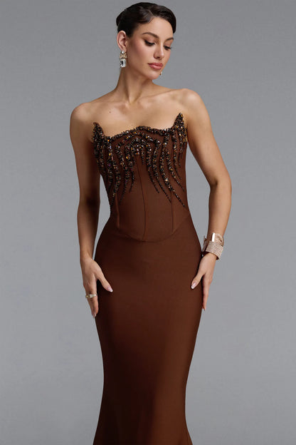 Embellished Corset Mermaid Gown - Chocolate Brown