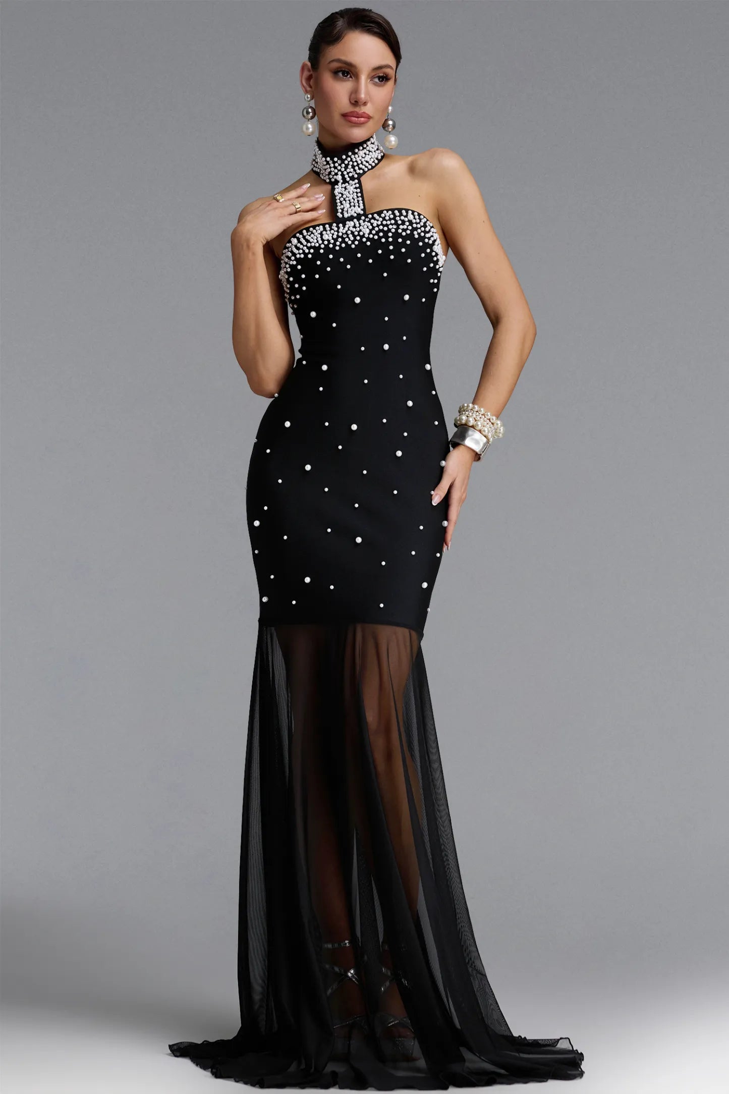 Pearl-Encrusted Choker Illusion Gown - Black