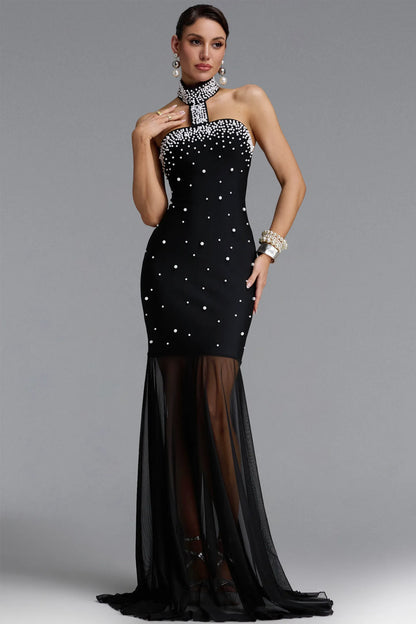 Pearl-Encrusted Choker Illusion Gown - Black