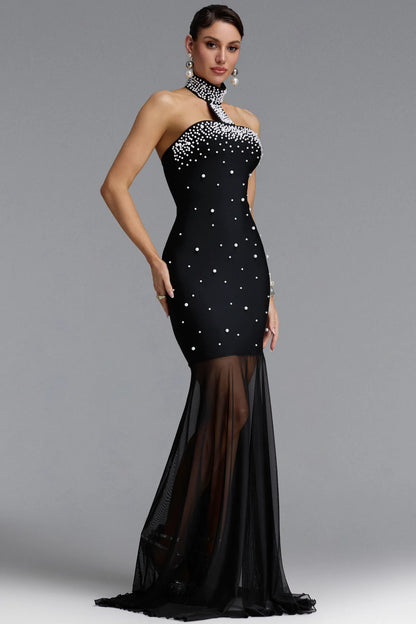 Pearl-Encrusted Choker Illusion Gown - Black