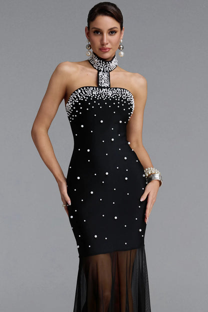 Pearl-Encrusted Choker Illusion Gown - Black