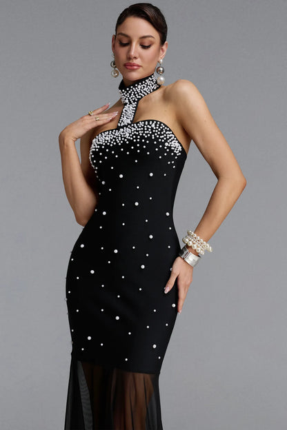 Pearl-Encrusted Choker Illusion Gown - Black