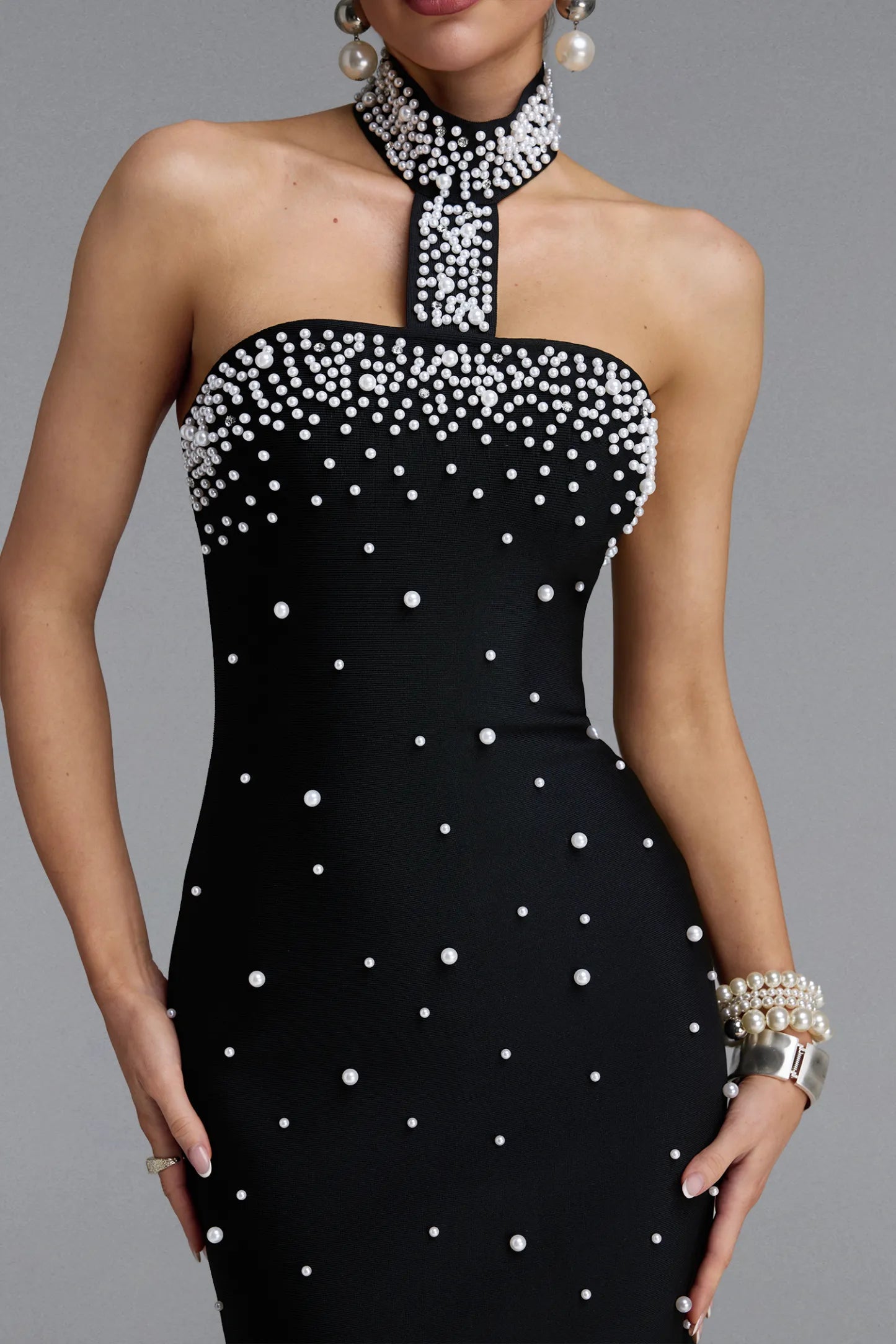 Pearl-Encrusted Choker Illusion Gown - Black