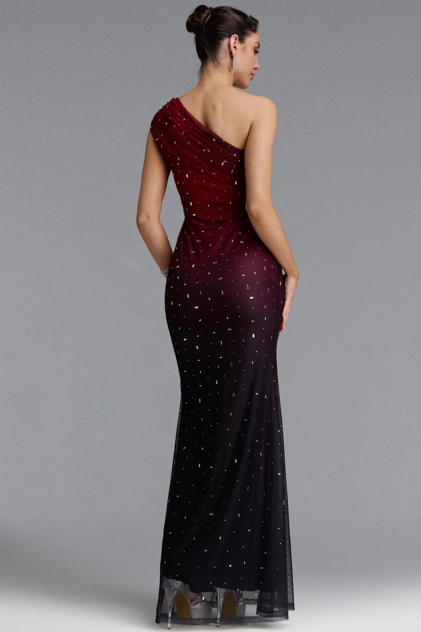 Scattered Crystal Ombre Ruched Mesh Gown - Burgundy & Black