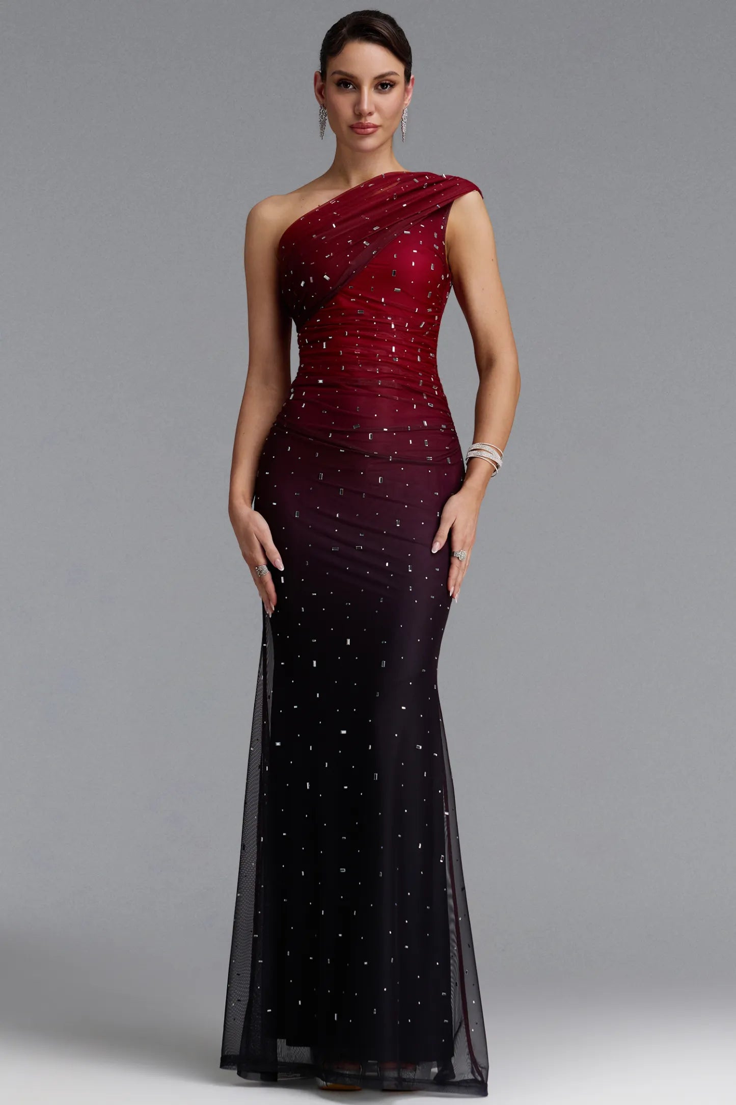 Scattered Crystal Ombre Ruched Mesh Gown - Burgundy & Black
