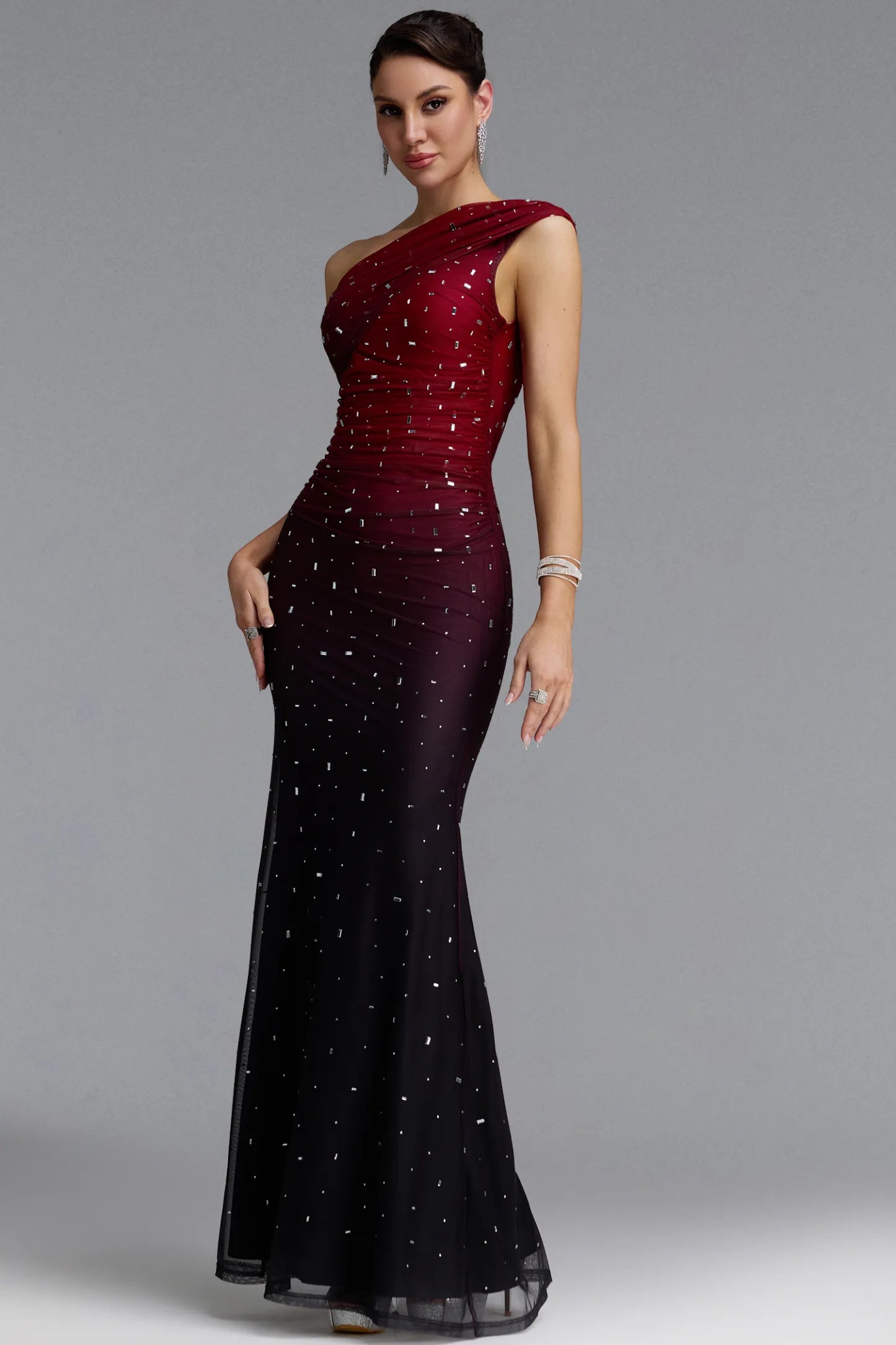 Scattered Crystal Ombre Ruched Mesh Gown - Burgundy & Black