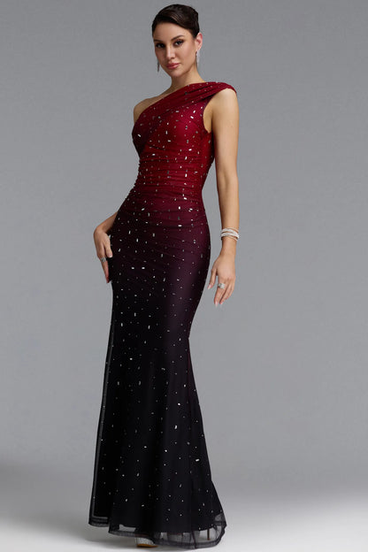 Scattered Crystal Ombre Ruched Mesh Gown - Burgundy & Black