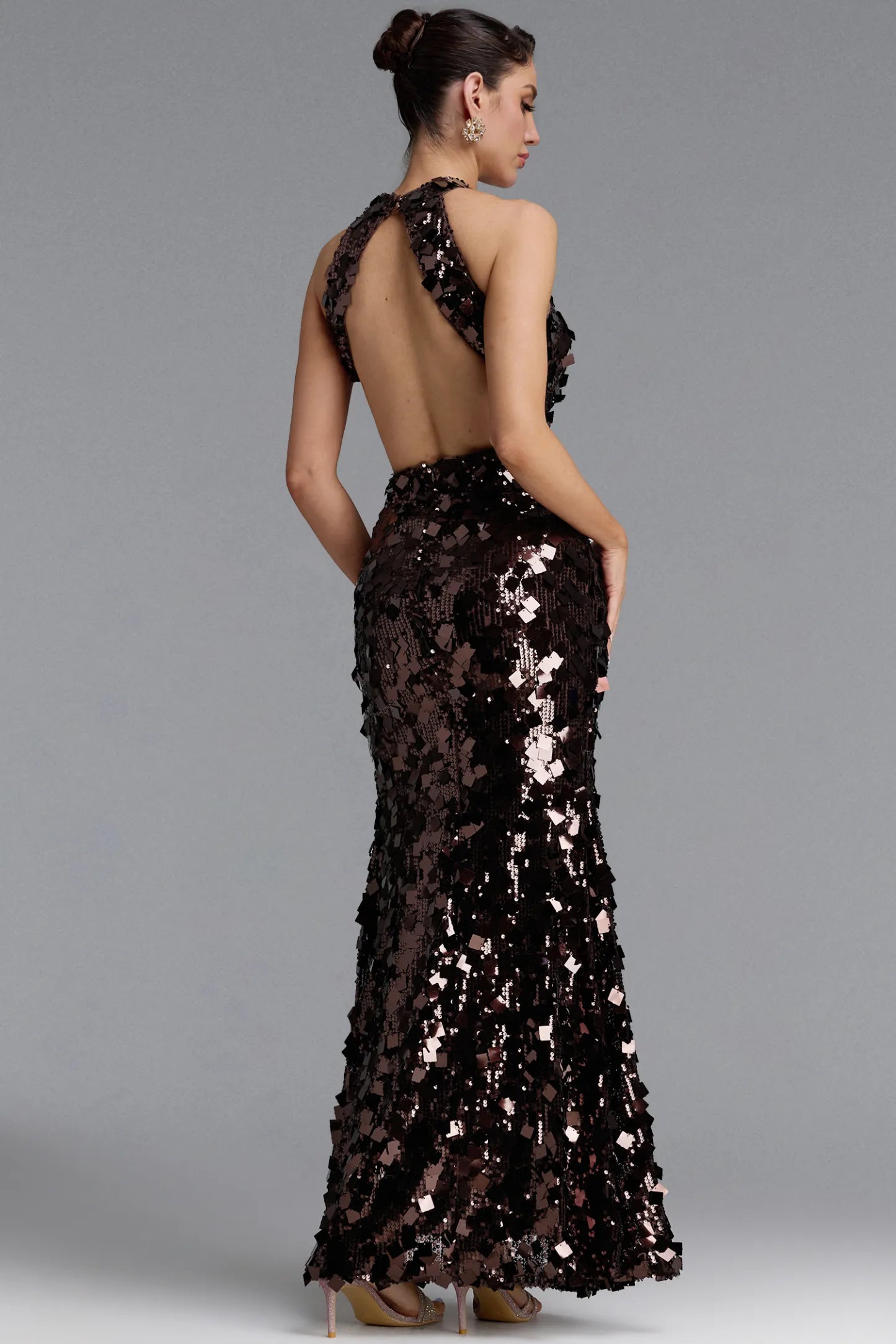 Geometric Paillette Sequin Halter Gown - Chocolate Brown