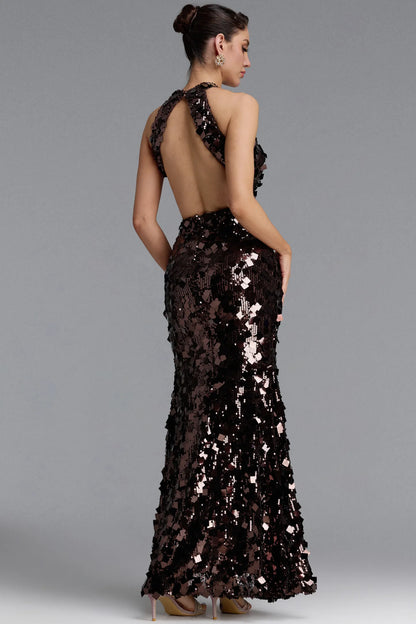 Geometric Paillette Sequin Halter Gown - Chocolate Brown
