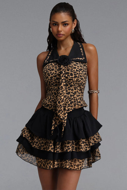 Rosette Leopard Halter & Tiered Mini Skirt Set - Black & Brown