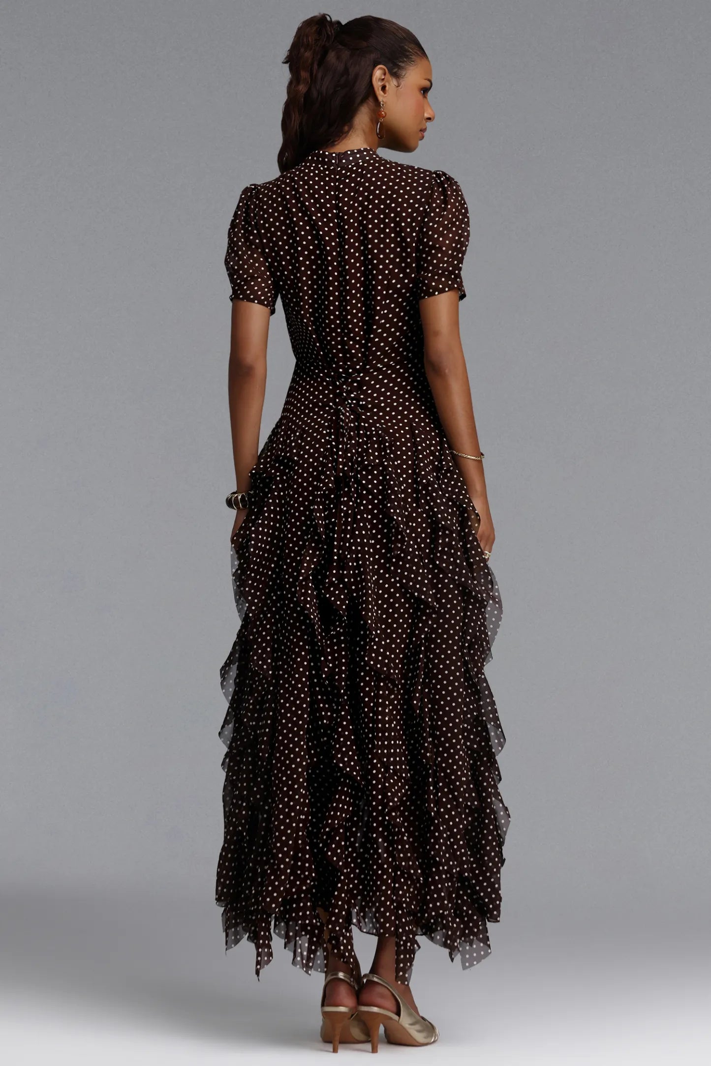 Cascading Ruffle Polka Dot Maxi Dress - Chocolate Brown