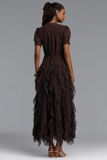 Cascading Ruffle Polka Dot Maxi Dress - Chocolate Brown