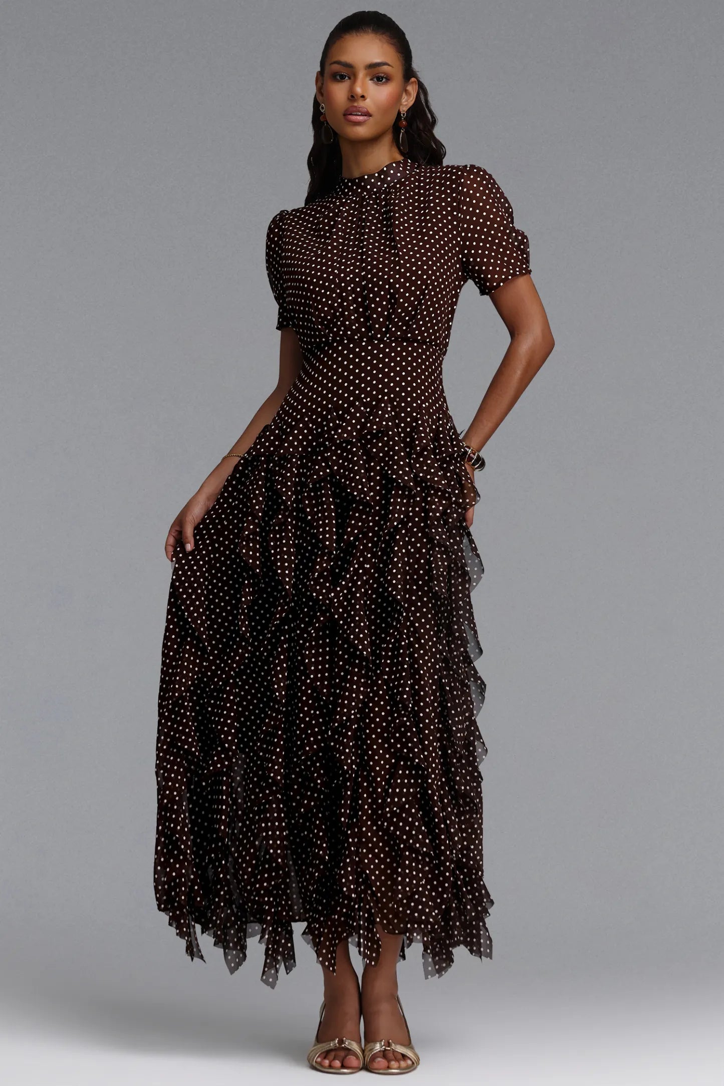 Cascading Ruffle Polka Dot Maxi Dress - Chocolate Brown