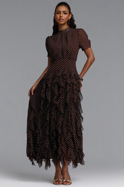 Cascading Ruffle Polka Dot Maxi Dress - Chocolate Brown