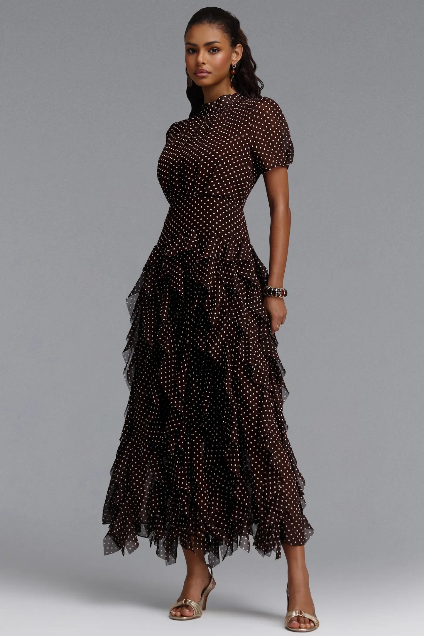 Cascading Ruffle Polka Dot Maxi Dress - Chocolate Brown