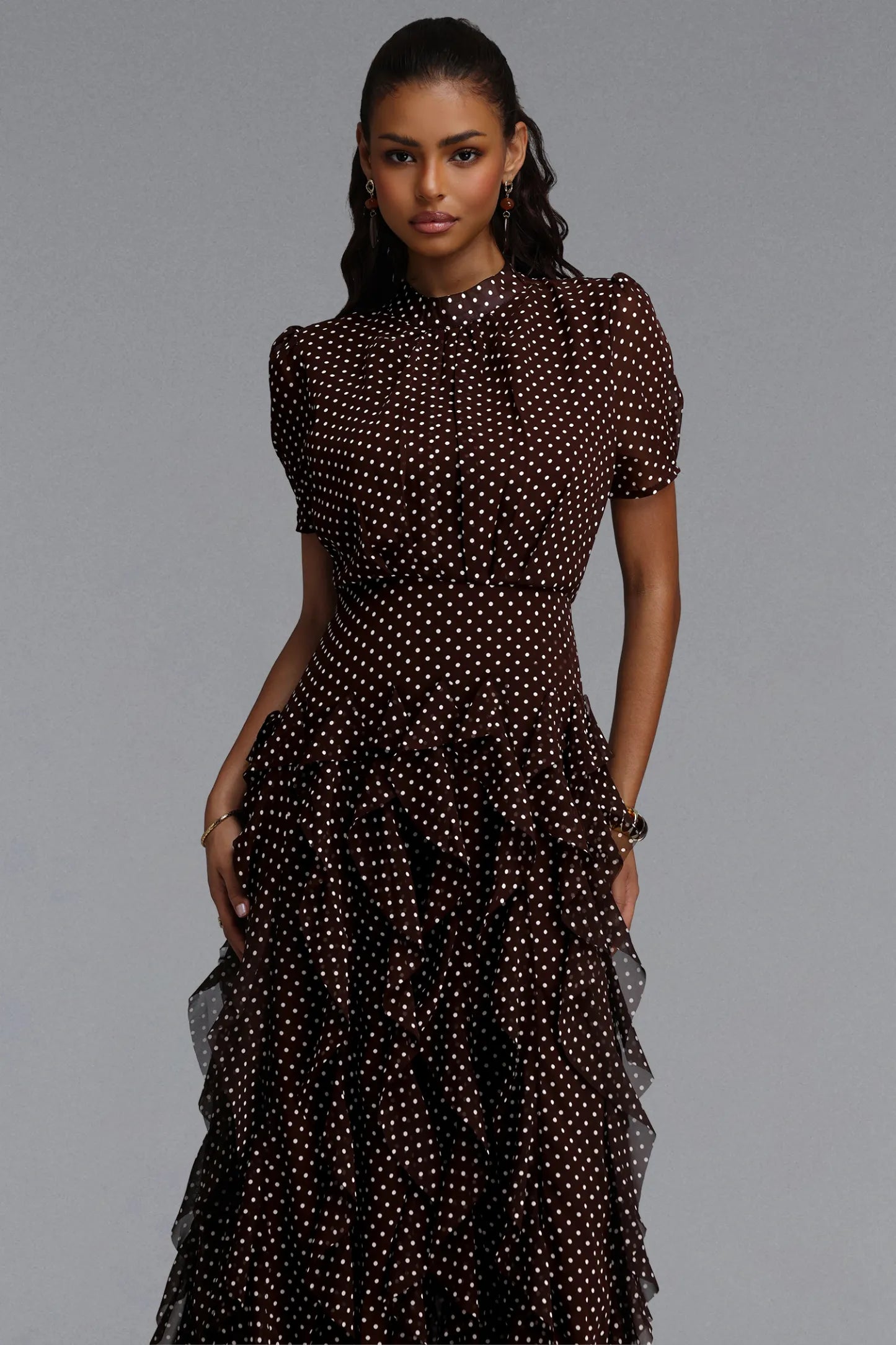 Cascading Ruffle Polka Dot Maxi Dress - Chocolate Brown