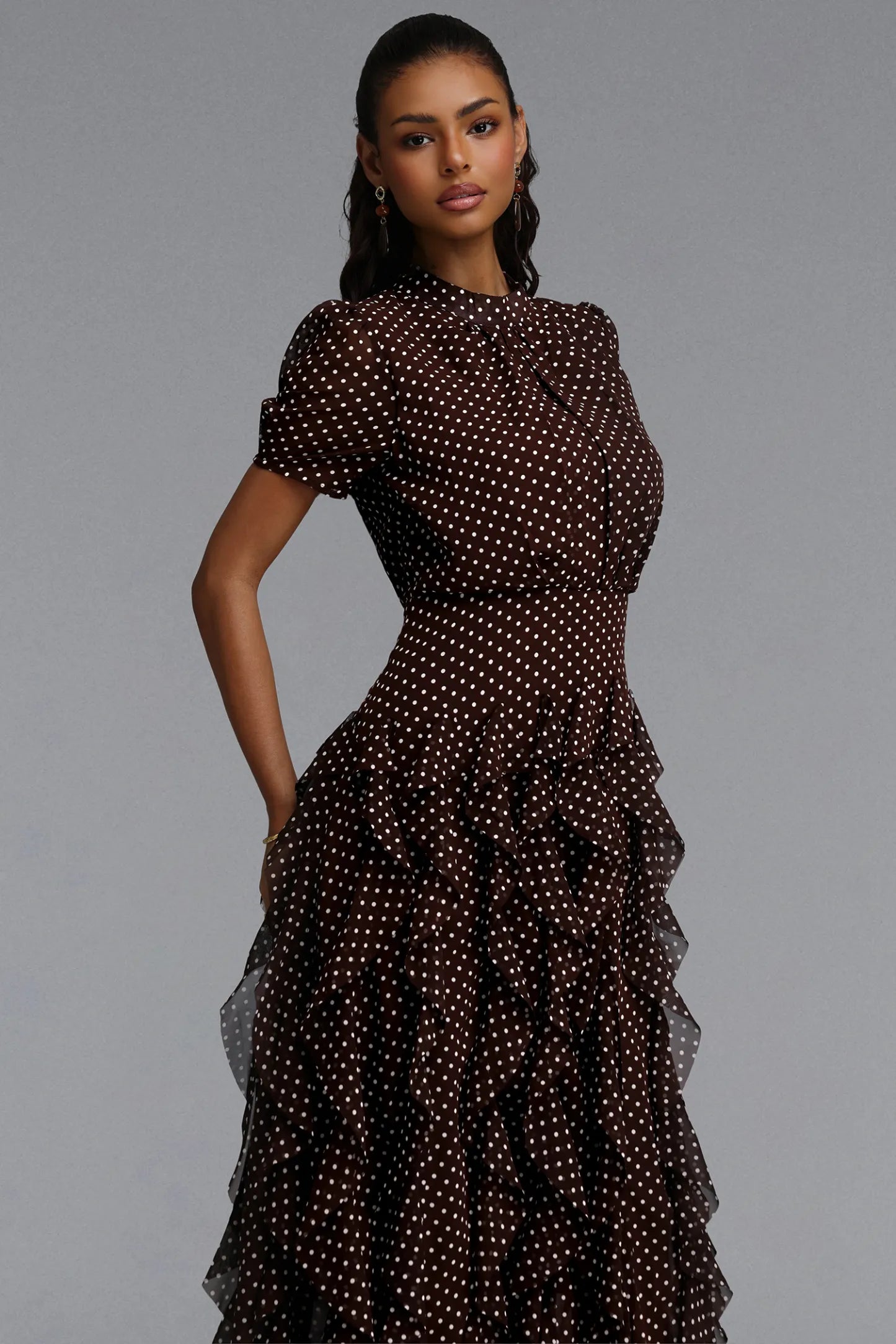 Cascading Ruffle Polka Dot Maxi Dress - Chocolate Brown
