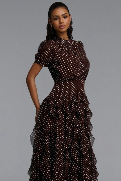 Cascading Ruffle Polka Dot Maxi Dress - Chocolate Brown