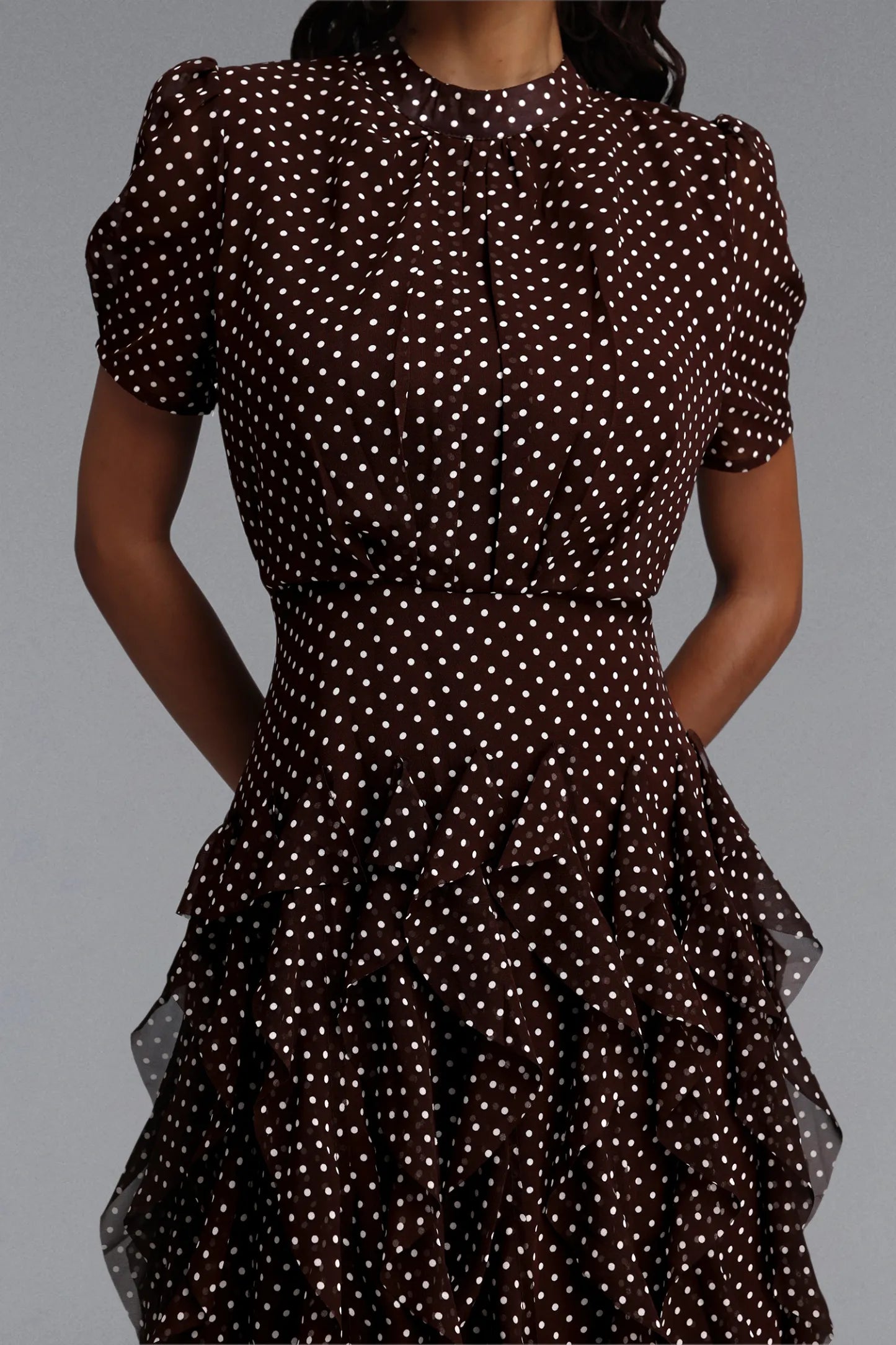 Cascading Ruffle Polka Dot Maxi Dress - Chocolate Brown