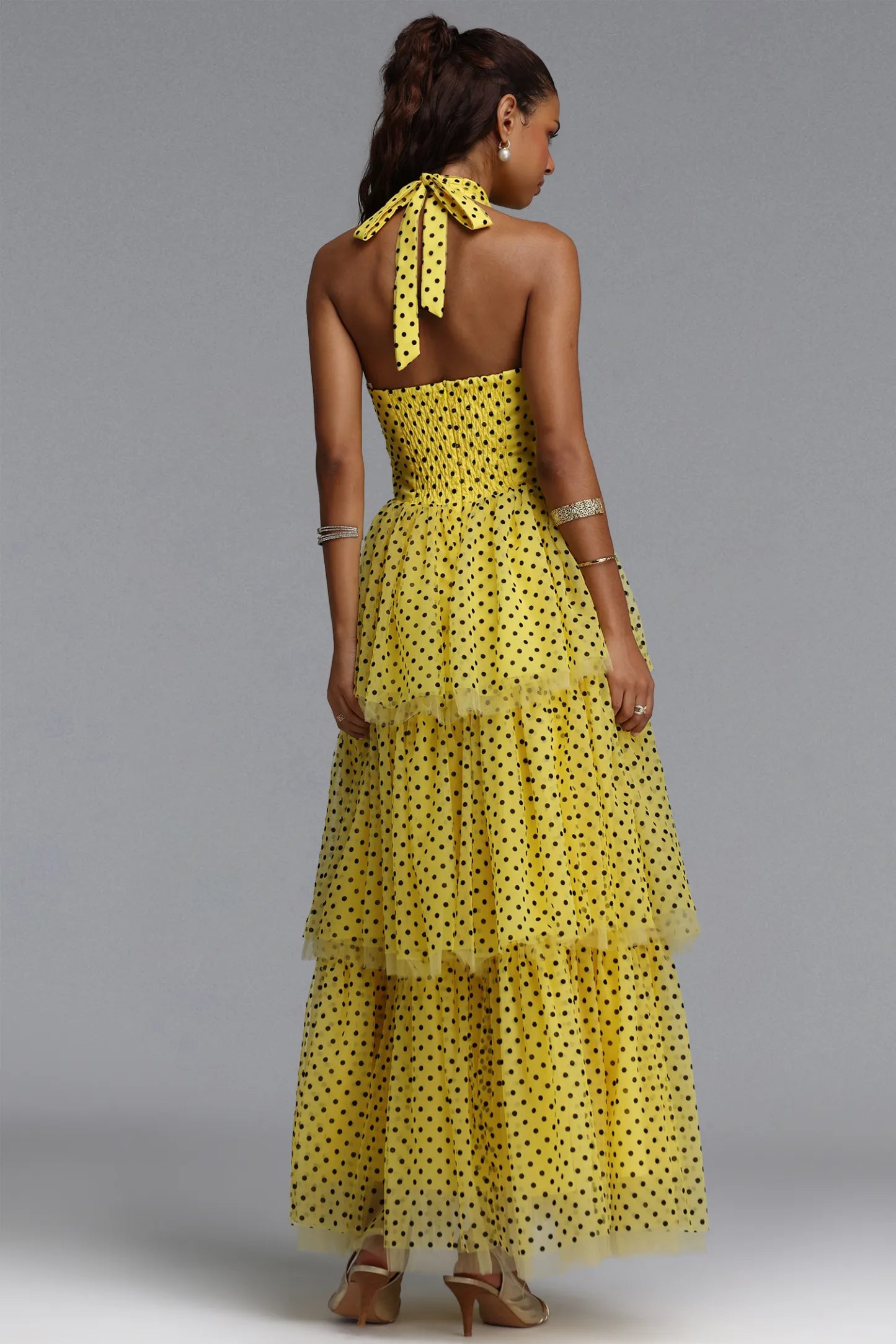 Tiered Polka Dot Tulle Halter Gown - Yellow & Black