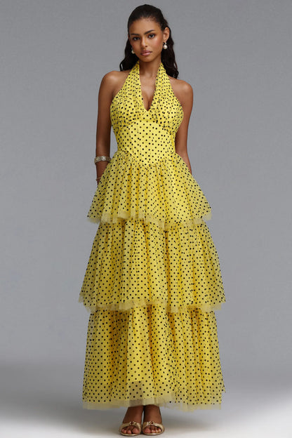 Tiered Polka Dot Tulle Halter Gown - Yellow & Black