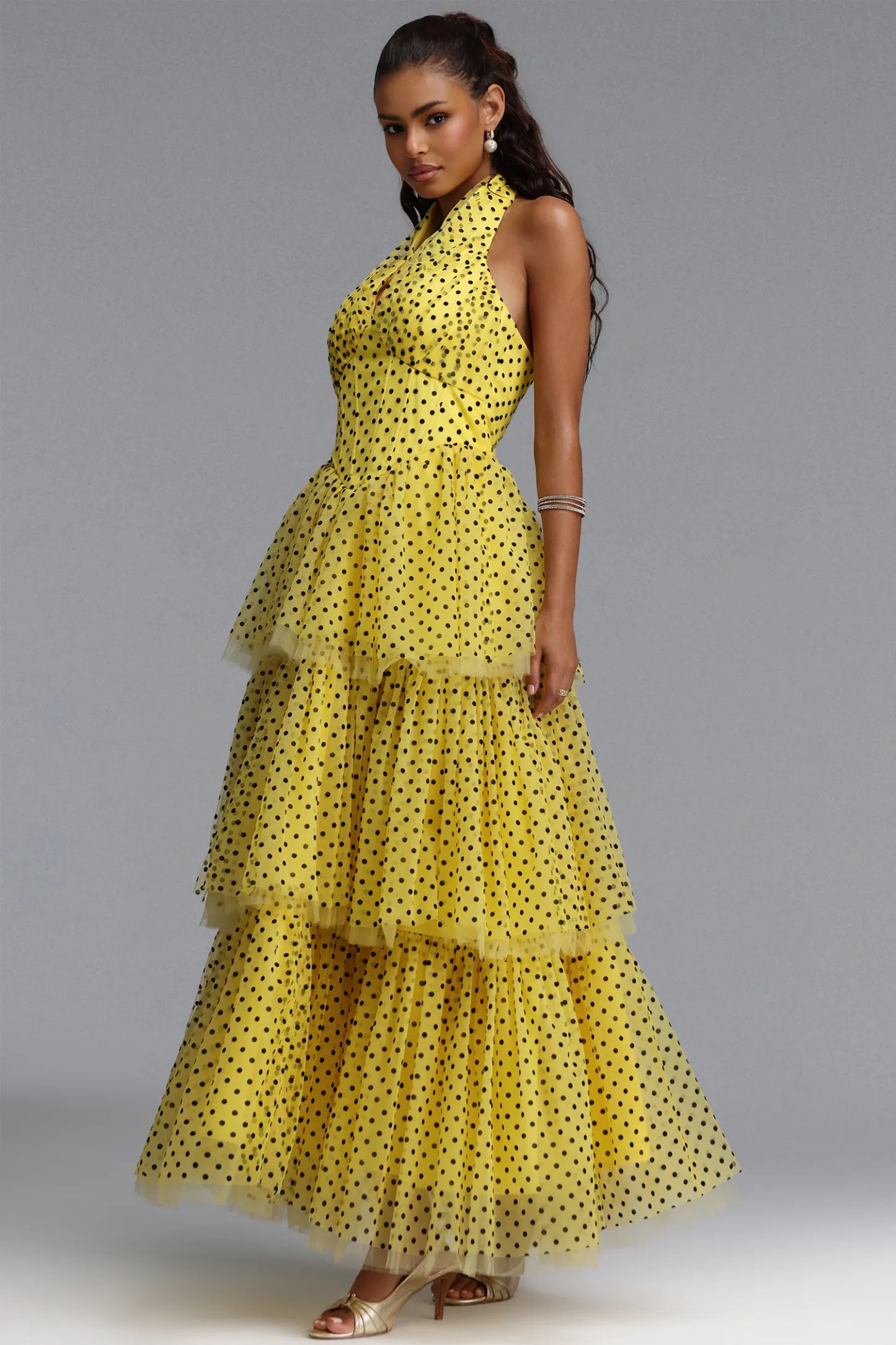 Tiered Polka Dot Tulle Halter Gown - Yellow & Black