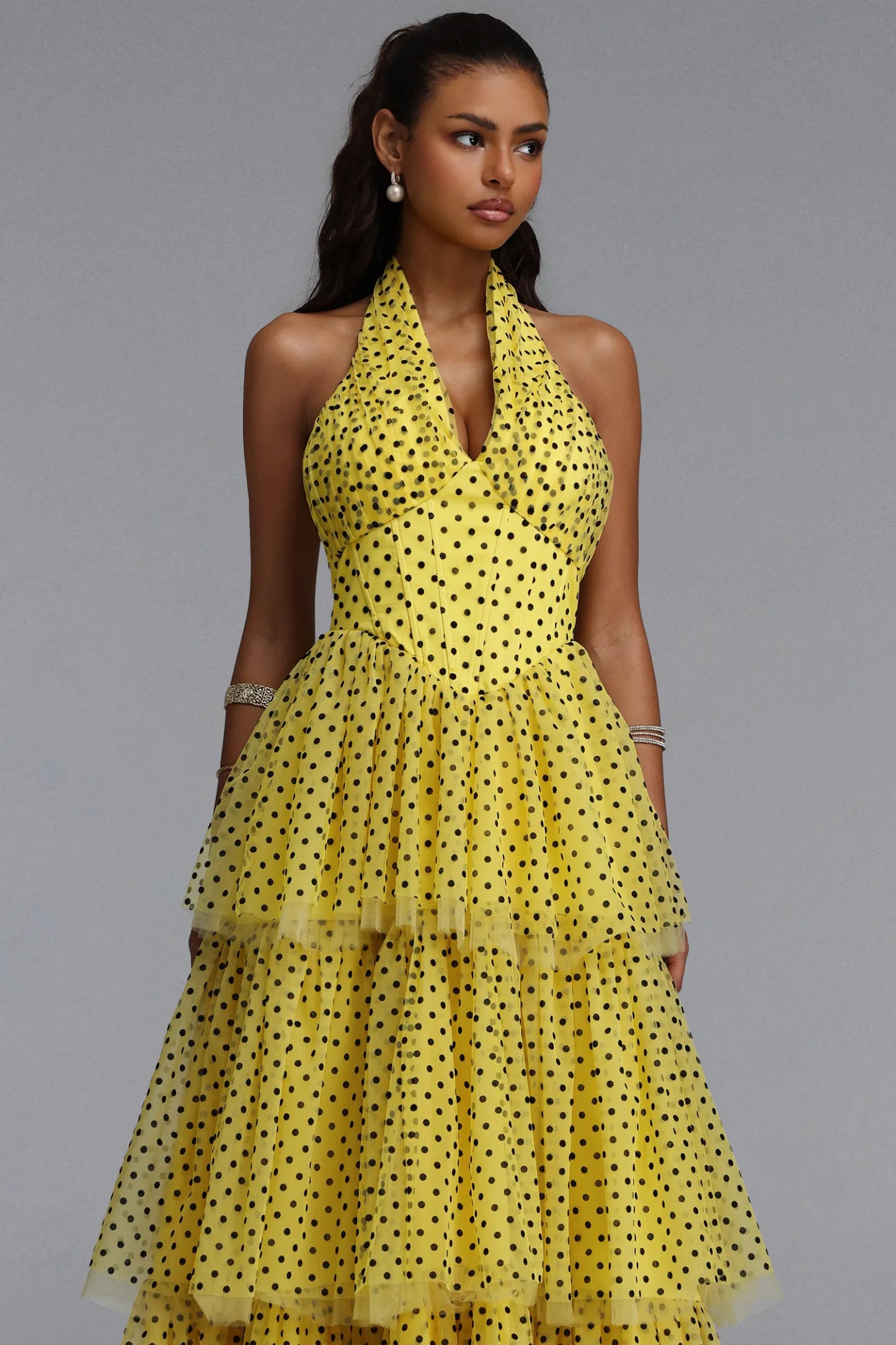 Tiered Polka Dot Tulle Halter Gown - Yellow & Black