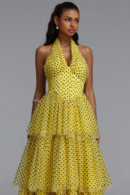 Tiered Polka Dot Tulle Halter Gown - Yellow & Black