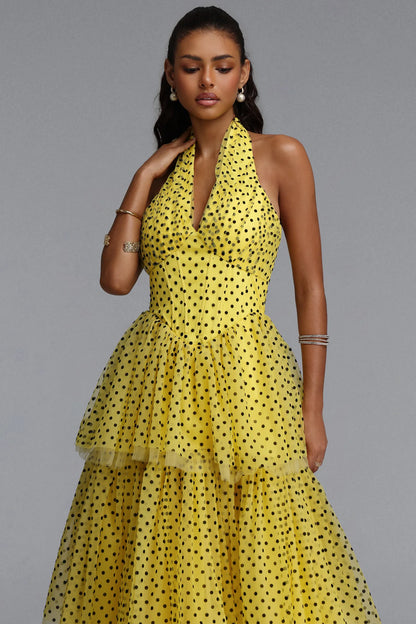 Tiered Polka Dot Tulle Halter Gown - Yellow & Black