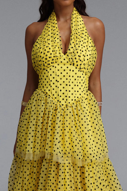 Tiered Polka Dot Tulle Halter Gown - Yellow & Black