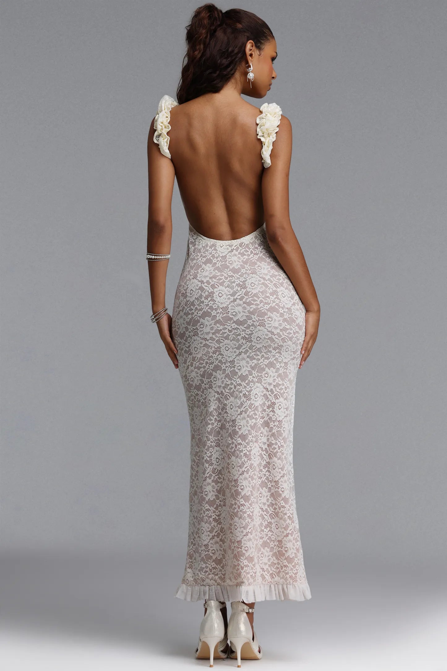 Ruffled Floral Lace Maxi Dress - White