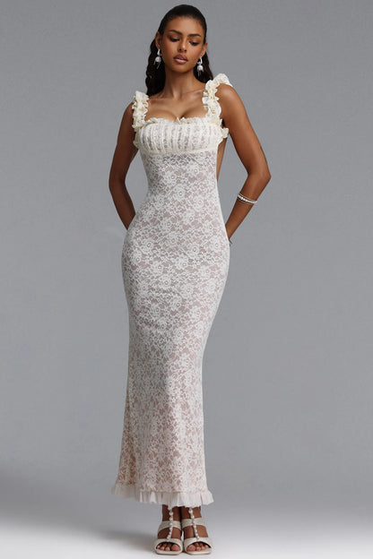 Ruffled Floral Lace Maxi Dress - White