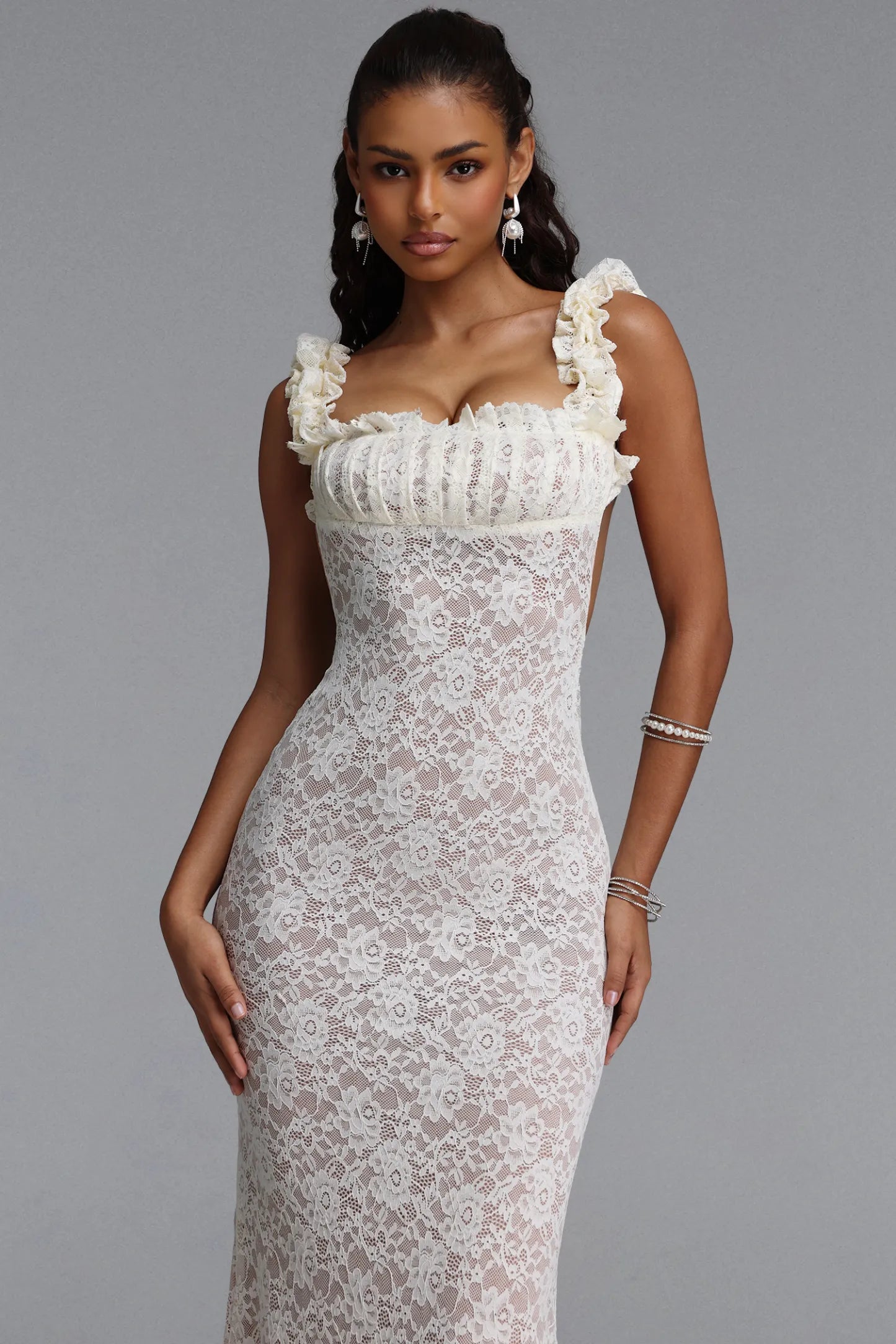 Ruffled Floral Lace Maxi Dress - White