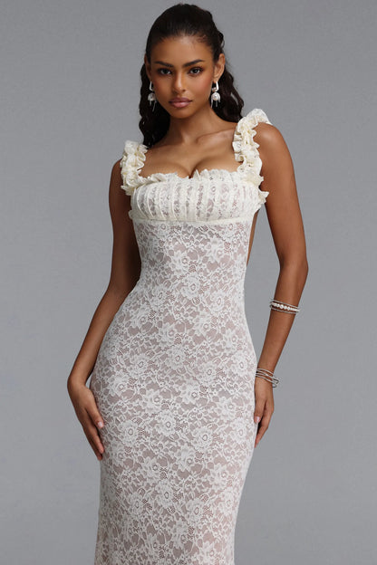 Ruffled Floral Lace Maxi Dress - White