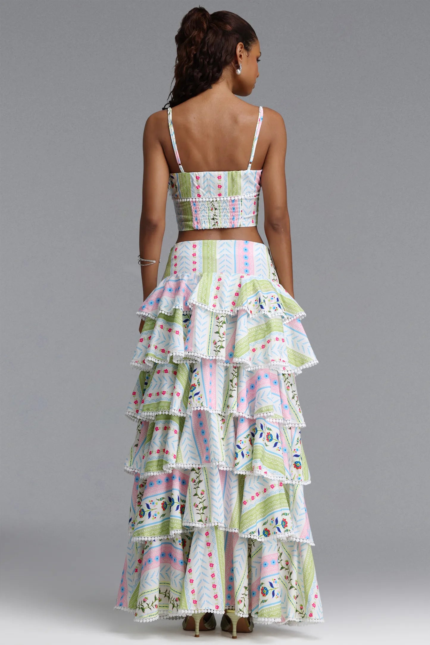 Folkloric Floral Tiered Maxi Skirt Set - Pastel Multi