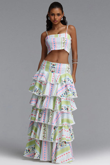 Folkloric Floral Tiered Maxi Skirt Set - Pastel Multi